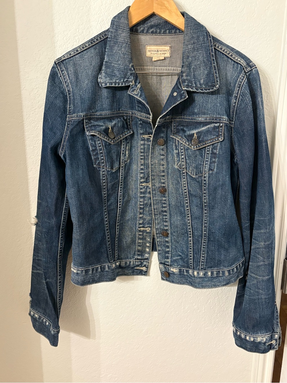 Denim & Supply Ralph Lauren Women's Blue Distressed Denim Trucker Jacket Size L
